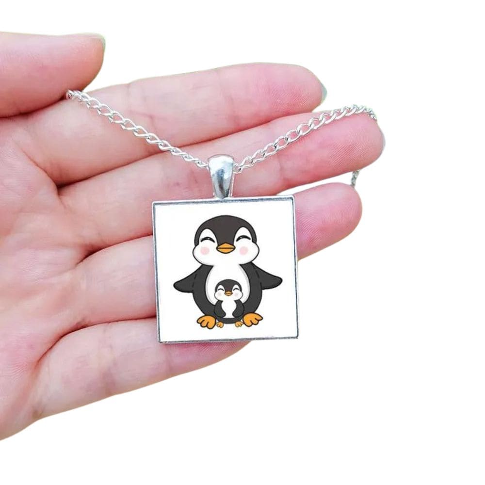 cartoon penguin family necklace - Silver