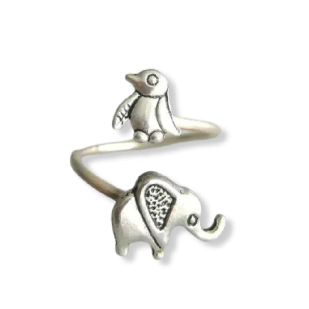 Elephant and penguin ring - Silver / Resizable
