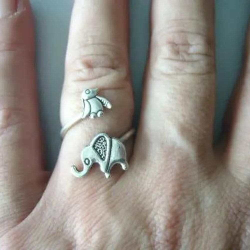 Elephant and penguin ring - Silver / Resizable