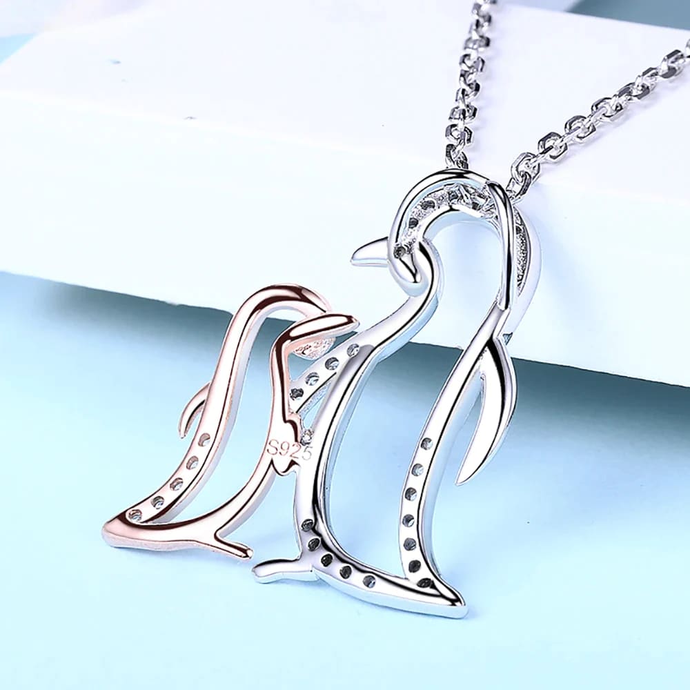 Mom and baby penguin necklace - Silver