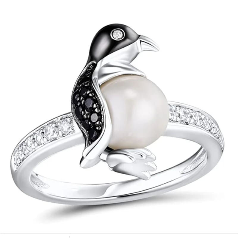 pearl crystal penguin ring - Silver / 6