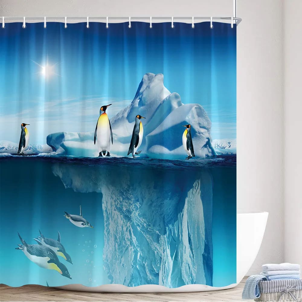 penguin shower curtain blue