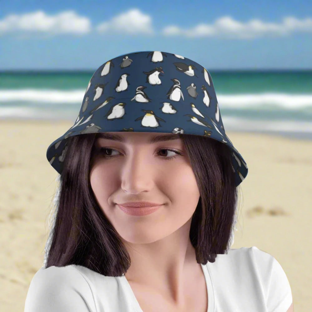 model-with-a-Penguins-bucket-hat-at-the-beach-looking-at-people